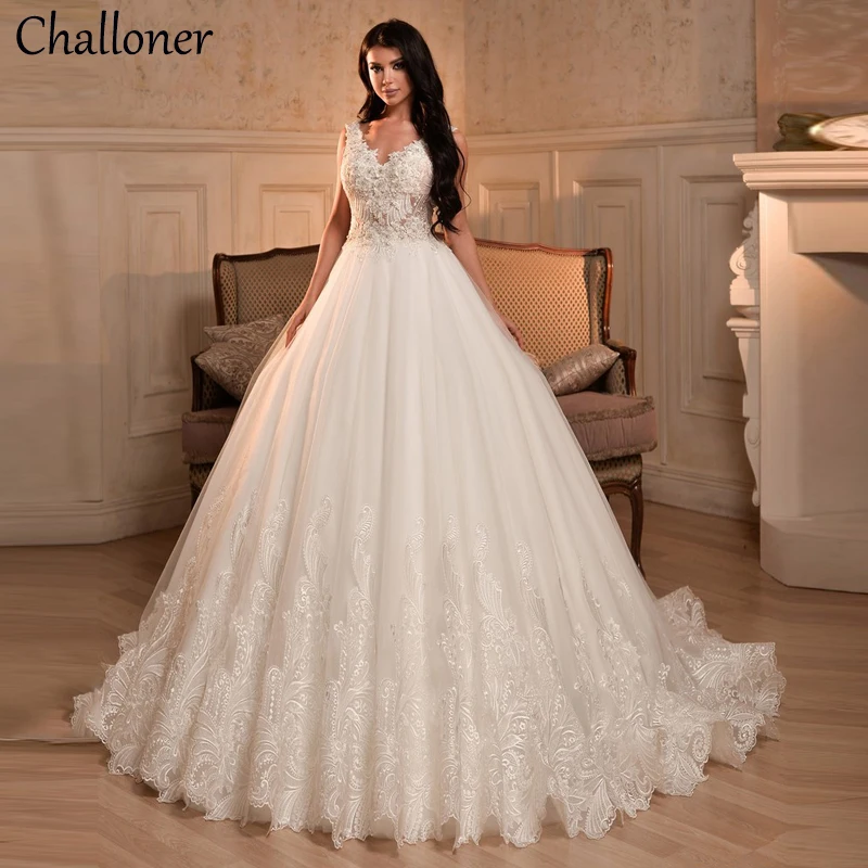 Challoner Princess Wedding Dress for Women V Neck Lace Appliques Bridal Ball Gowns Court Train Backless Button Vestido De Novia