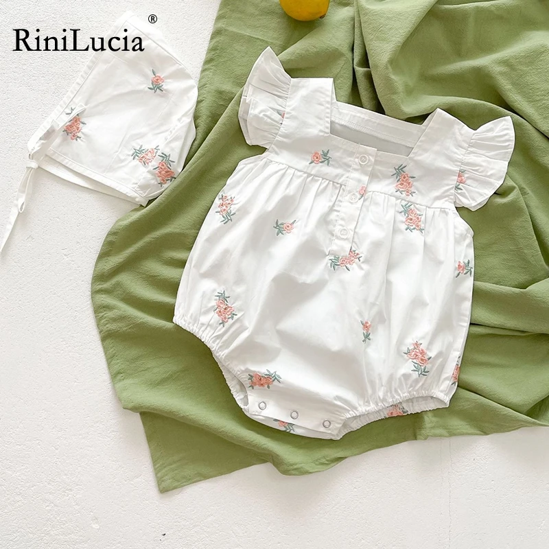 

RiniLucia 2022 Baby Summer Clothing Infant Newborn Baby Girl Floral Embroidery Romper Sleeveless Square Collar Ruffled Jumpsuits