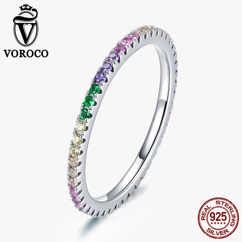 

VOROCO Multicolors CZs Finger Rings Bohemia Original 925 Sterling Silver Wedding Bands anillos Stackable Women Gift Fine Jewelry