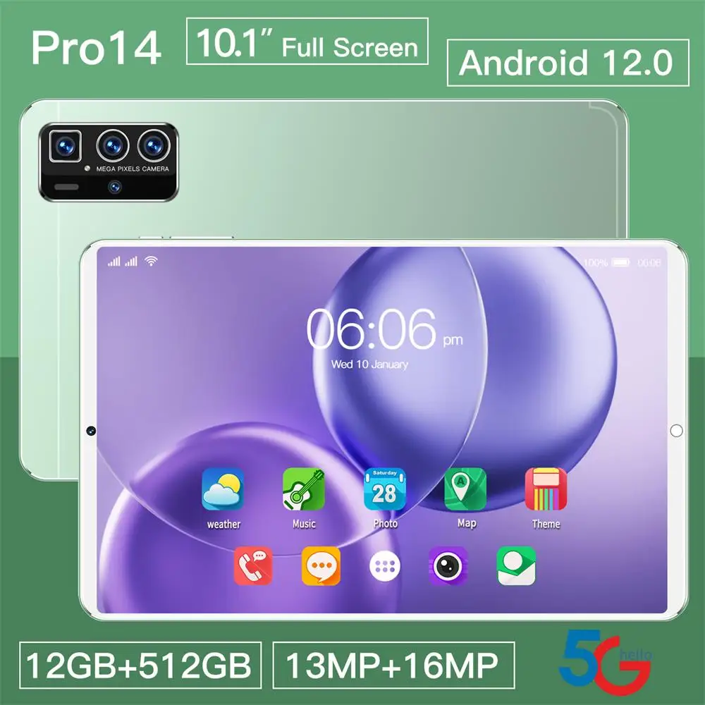 

Pro 14 Tablet PC 10.1 Inch IPS Display Screen Android 12 RAM-12G/ROM-512G 13MP+16MP GPS+FM+WiFi+BT Support Double Card 12000mAh