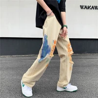 korean version of the khaki trend ins mens ripped jeans womens personality straight loose hip hop casual wide leg trousers