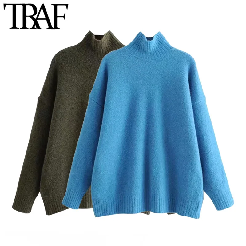 

Traf moda feminina toque macio solto encaixe camisola de malha vintage gola alta manga longa pullovers chiques topos