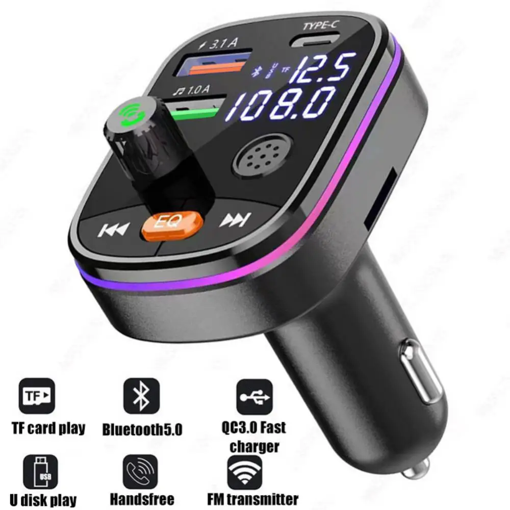 

Bluetooth 5.0 Car FM Transmitter Dual USB 3.1A+Type-C Car Charger Ambient light Handsfree Car Kit Mp3 Player Support TF Card ZW