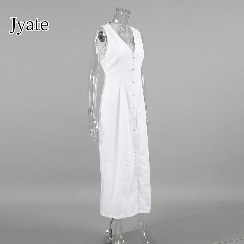 Jyate белое хлопково-льняное платье-майка на пуговицах с v-образным вырезом длинное