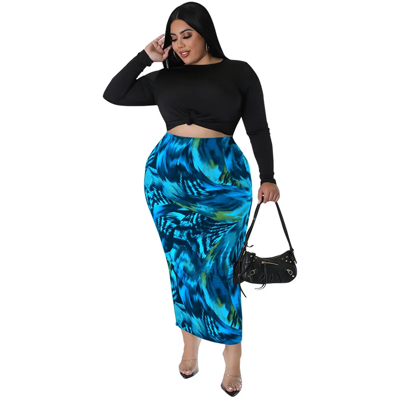 Plus Size Fashion Two Piece Set Dress Long Sleeve Tie Knot Tees Print Skinny Long Skirt Streetwear Outfits Elegant Office Lady