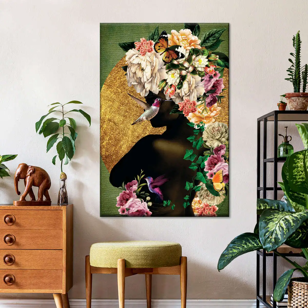 

Black Female Flowers And Birds And Plant Flower Painting Pop Art Poster Home Decor Wall Art Decoration For Living Room Frameless