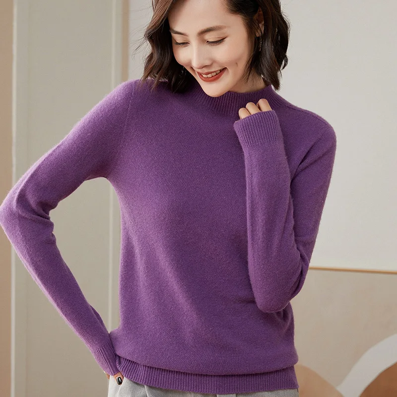 

Женский шерстяной свитер с высокой горловиной, вязаный пуловер из 100%-ной шерсти, облегающий однотонный топ с длинным рукавом и мягкой спинк...