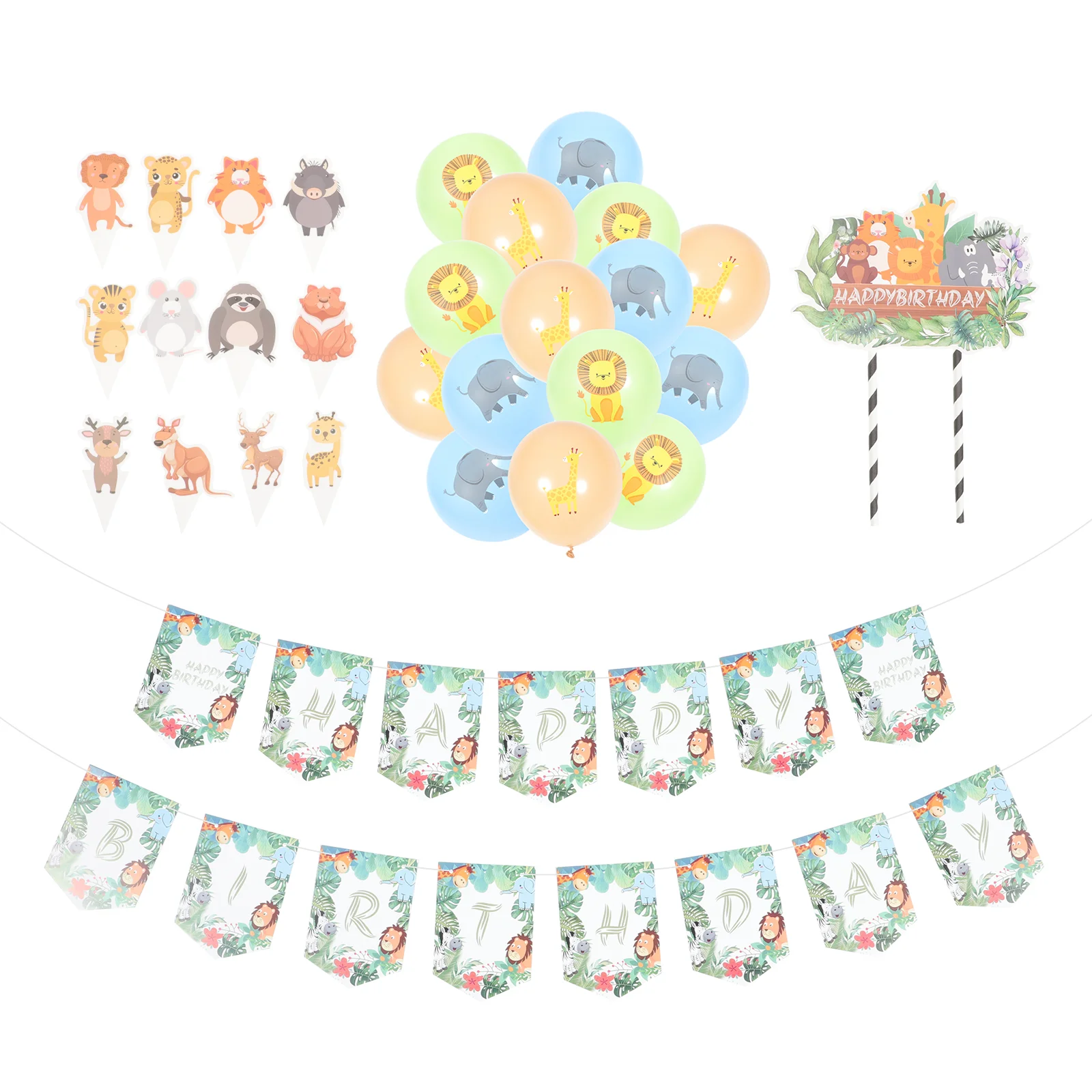 

1 Set Jungle Themed Balloon Banner Cake Picks Ornaments Party Layout Decoration