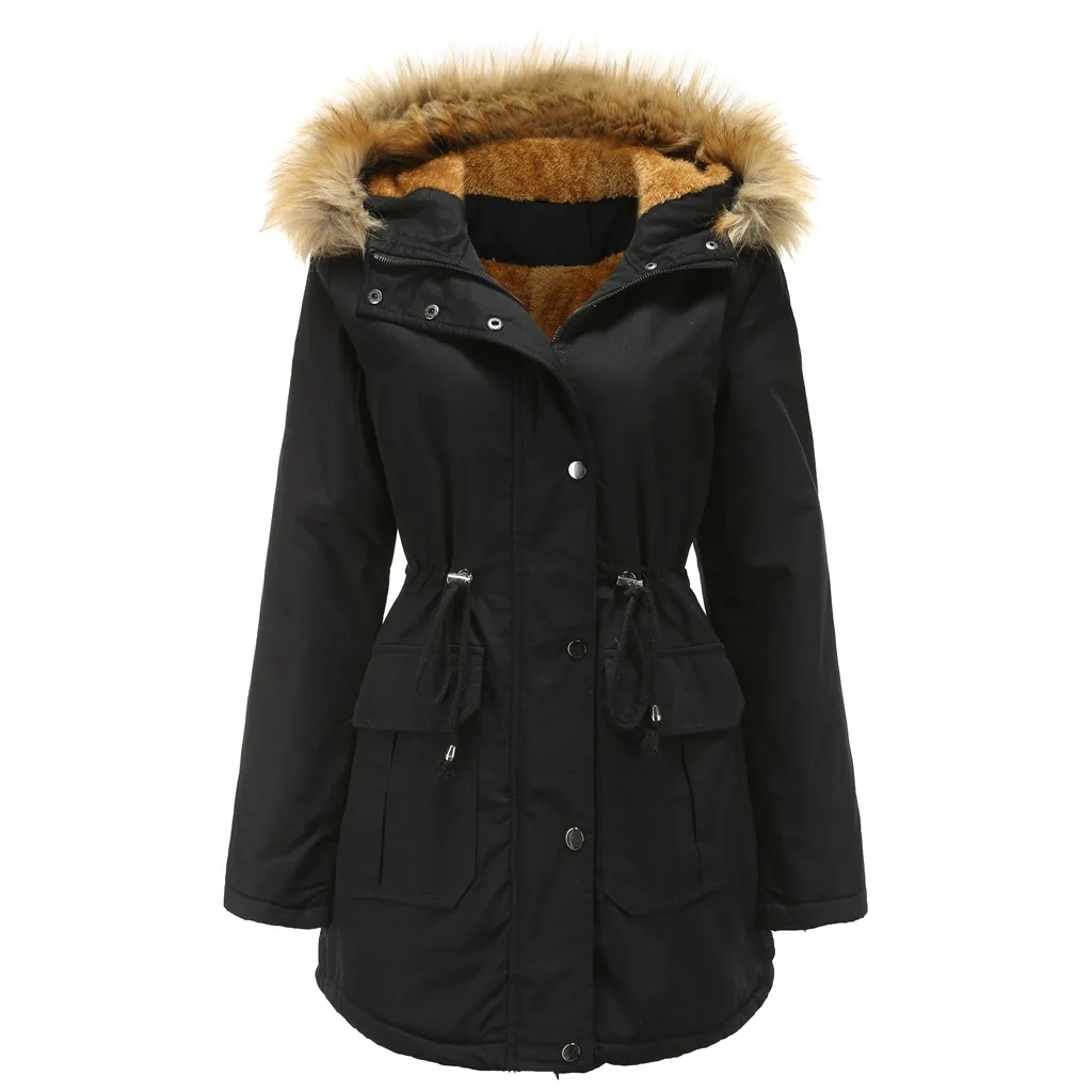 New European Size Fleece Lined Coat Hooded Fur Collar Winter Warm Coat plus Size Women's Cotton-Padded Jacket