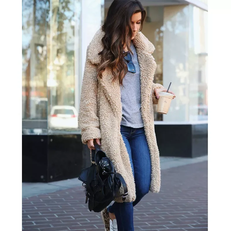 

2022NEW Faux Fur Coat Women 2020 Autumn Winter Thick Warm Soft Fleece Long Jacket Open Stitch Outerwear Overcoat Bear Teddy Coat