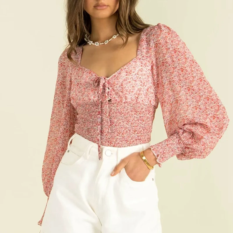 

Women Fasion Lantern Sleeve Blouse Floral Print Square Collar Crop Top Summer High Waist Shirts