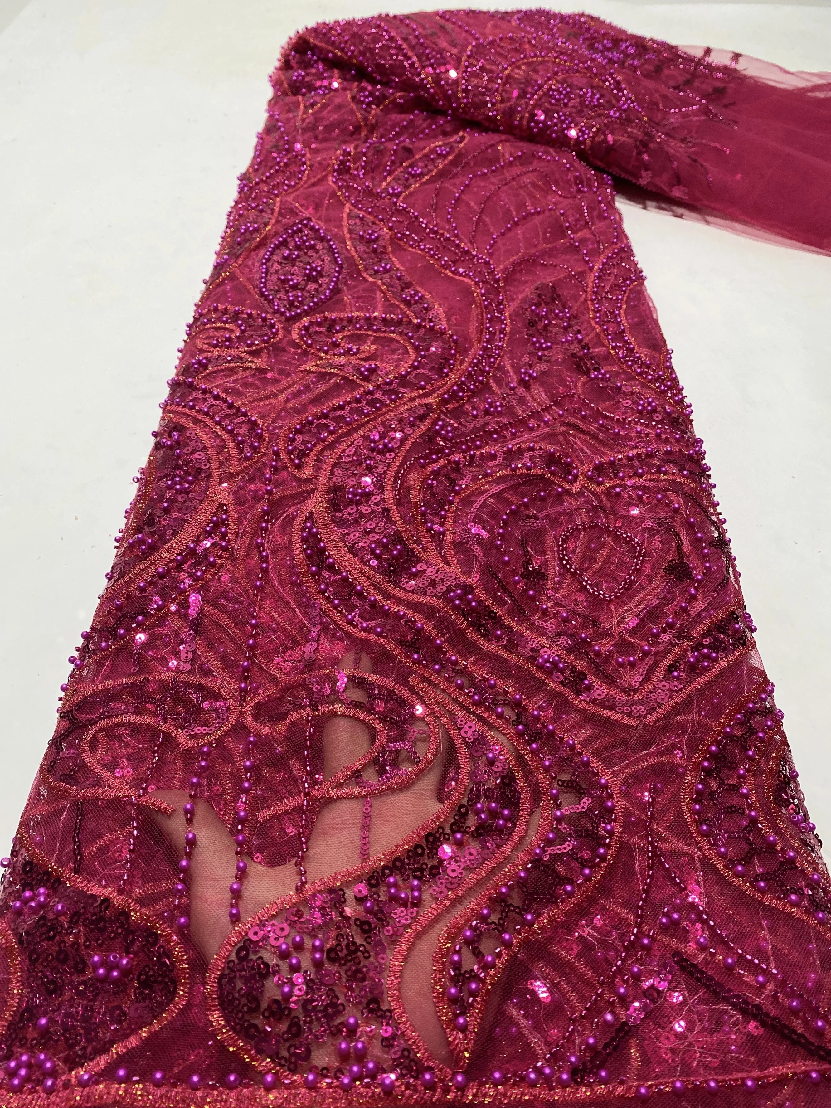 

Rose Red Handmade Lace African French Lace Fabric 2022 High Quality Beaded Ghana Lace For Nigerian Lace Fabrics For Party Dress