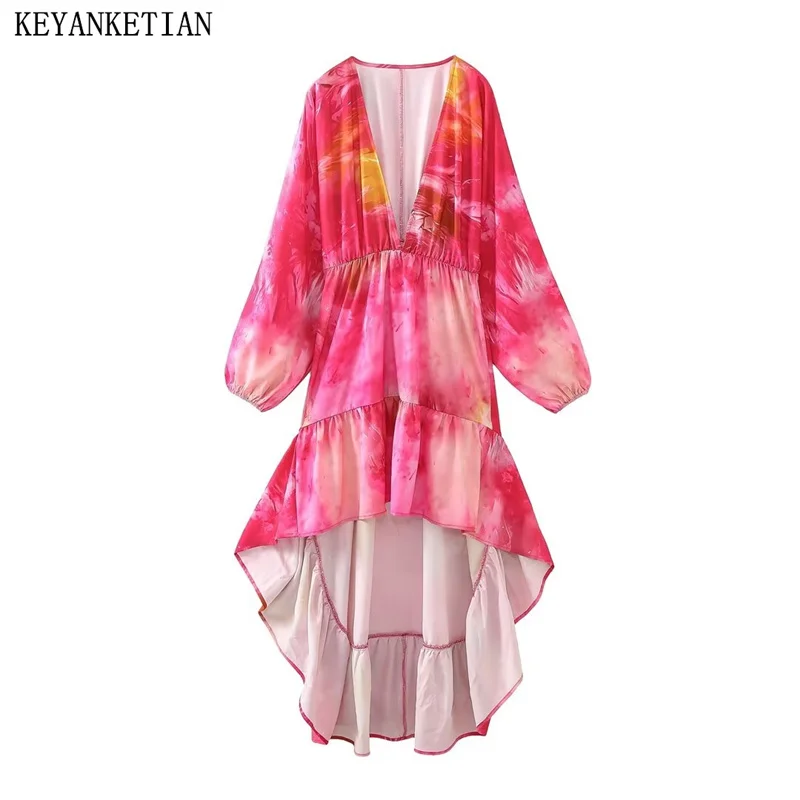 

KEYANKETIAN New Asymmetrical Design Women's Tie-Dye Print Fairy core Dress Holiday wind Slim Flounce Lantern Sleeve MIDI Skirt