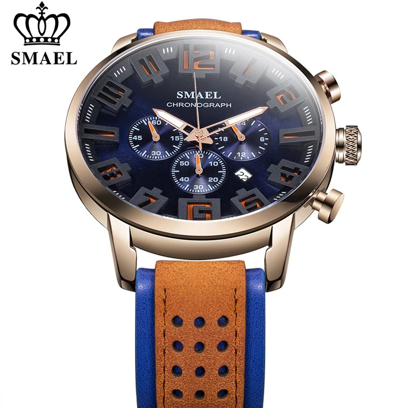 

SMAEL Chronograph Leather Mens Watches Quartz Luminous Hands 24-hour Sport Analogue Leather Wristwatch for Men Relogio Masculino