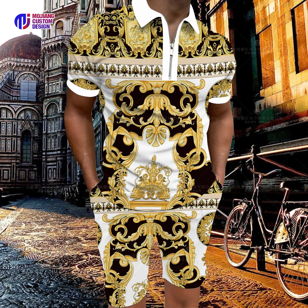 2023 Luxury Men's Polo Shirt Casual Brand Big Gold Chain Set 3d Color Printing Short Sleeve New T-Shirt Men's Lapel Zipper Short