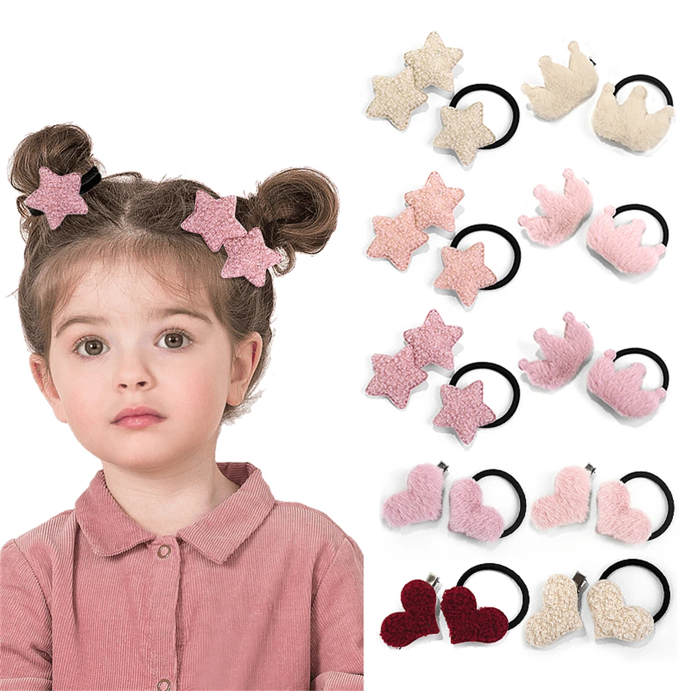 

Cute Heart Star Hairpin Kids Girls Crown Elastic Headband Hair Circle Children Double Horsetail Head Rope Hair Accessories 2 Pcs