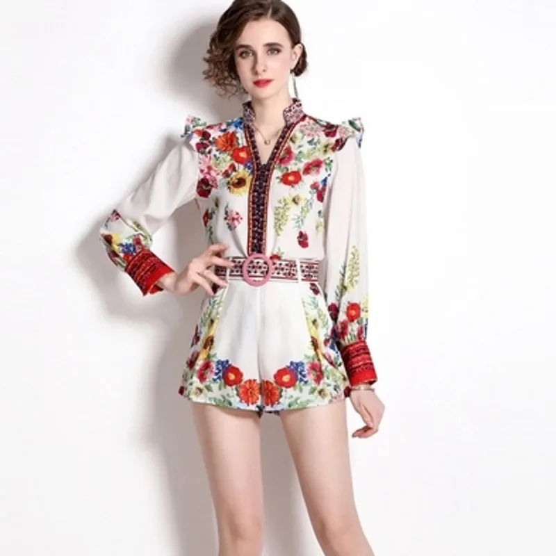 

2022 Autumn Fashion Flower Shorts Suit Women Long Sleeve V Neck Shirt Top + High Waist Belted Shorts Two Piece Sets