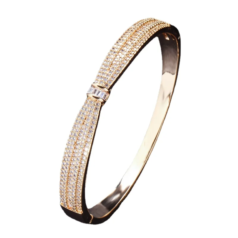 

Luxury Simple Bow Zirconia Bracelet for Women Copper Real Gold Plated Spring Buckle Banquet Wedding Jewelry Charm Bracelet