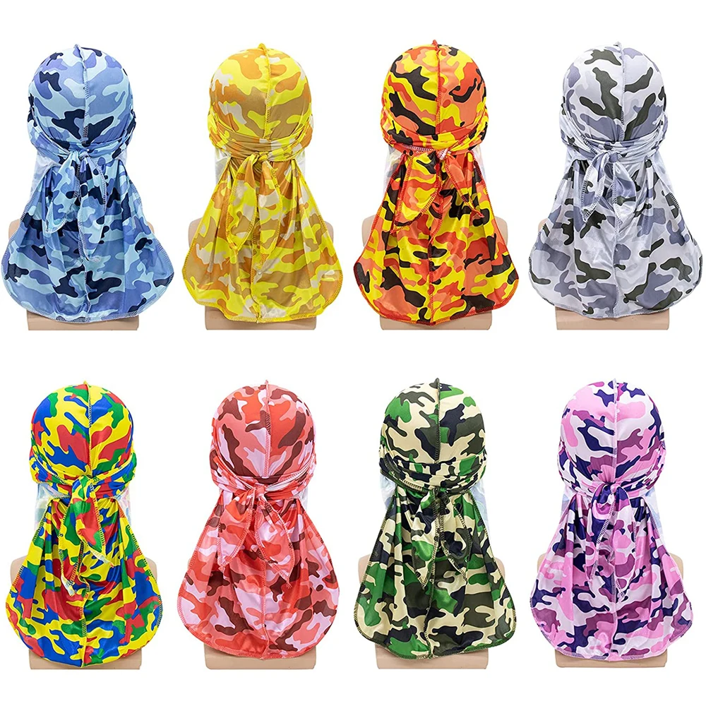 [Ready Stock]Camouflage Waves Long Tail Caps Bandana Pirate Hat Wide Straps Durags for Men Caps Turban Headwraps for Men Women