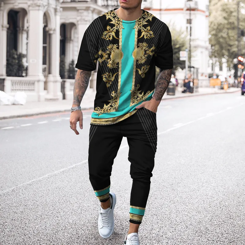 

Vintage Gold Print Summer Clothes Clothes For Men Streetwear High Quality All-match Outfits Breathable 2 Piece Tracksuit Suit