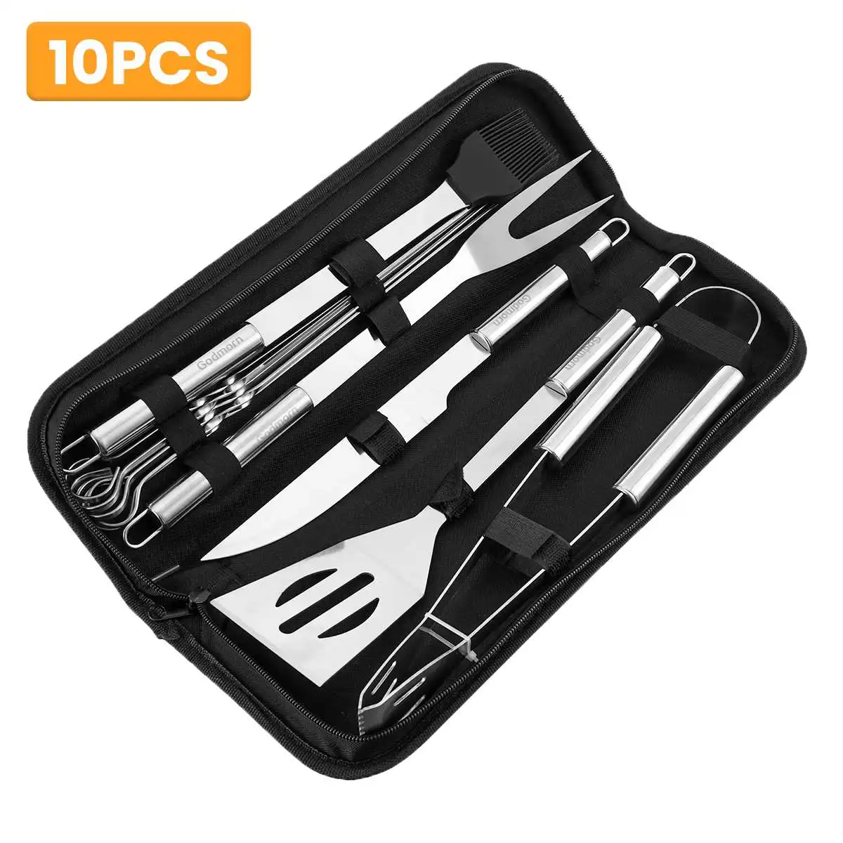 

10pc Stainless Steel BBQ Tool Set spatula fork knife brush skewers Barbecue Grilling Accessories Camping Outdoor Cooking Utensil