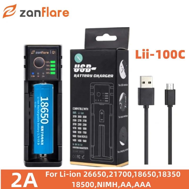 

Zanflare Q1 Charger 18650 Charger USB 5V 2A for 14500 14650 16340 26650 21700 26700 AA AAA Lithium NiMH Ni-Cd Battery Charger