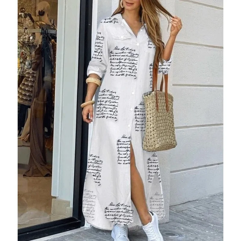 

Letter Printed Shirt Long Dress Women Indie Street Maxi Dress Spring Autumn Fashion Streetwear Beach Party Square Collar Clothes