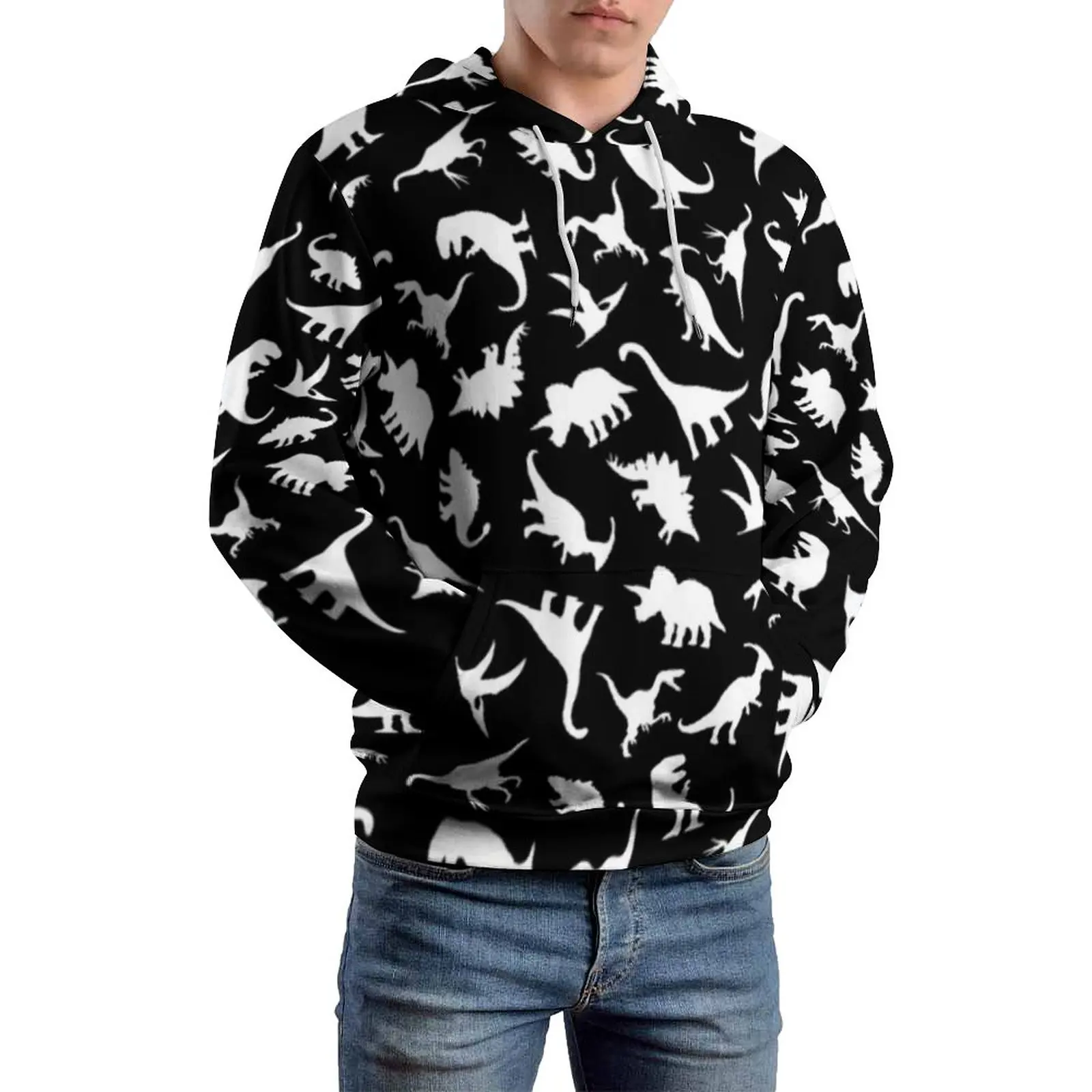 

Веселые повседневные толстовки с динозаврами с длинным рукавом, белый на черном, милый динозавр, зимний классический мужской топ оверсайз на заказ
