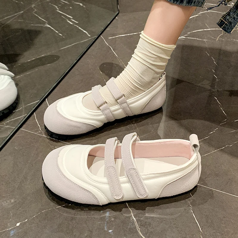 Cute Soft Puff Lolita Shoes Woman Sweet Pink Purple Ballet Flats Ladies Round Toe Thick Sole Double Straps Ballerina Loafers
