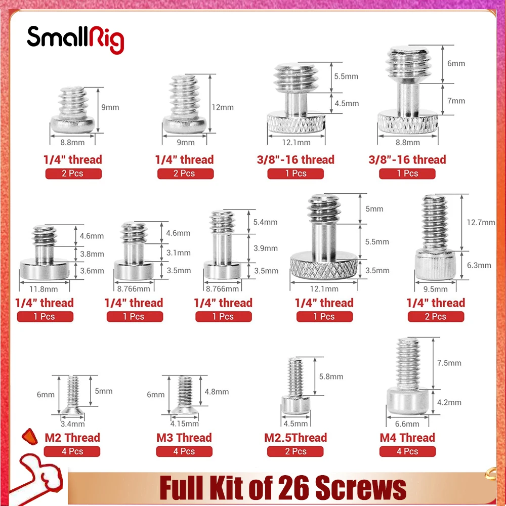 Полный комплект из 26 винтов для крепления SmallRig включает винты 1/4 дюйма 3/8 M2 M2.5 M3/M4