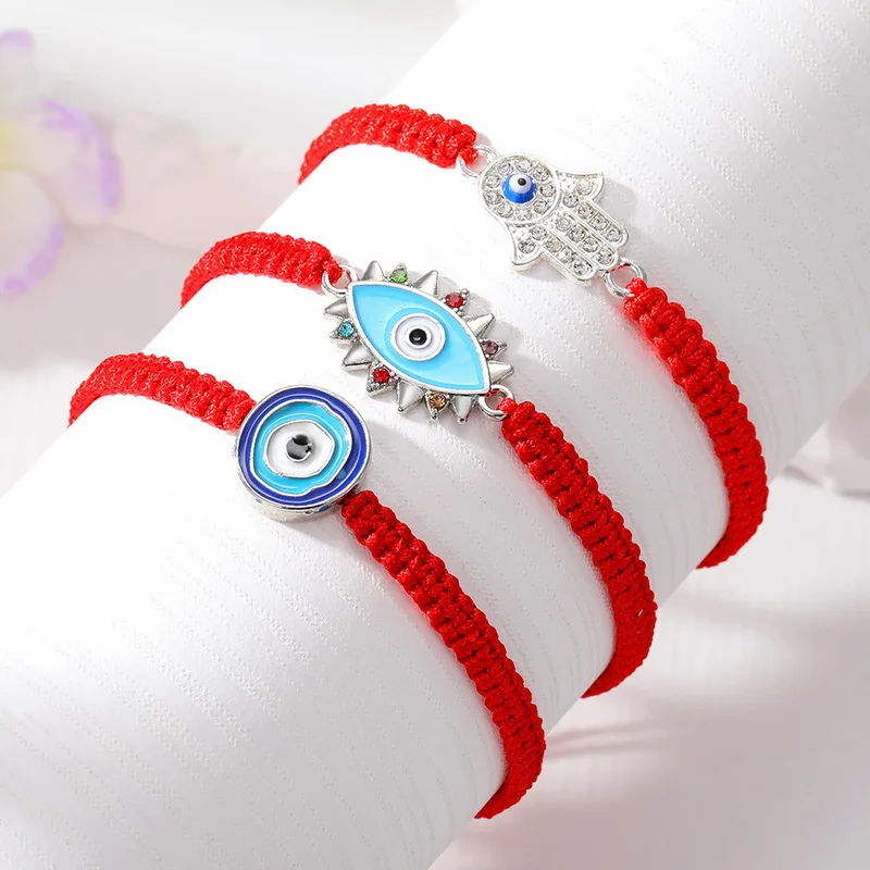 

Retro Handmade Woven Rope Evil Eye Bracelet for Women Couple Cute Charm Palm Crystal Enamel Friends Party Birthday Jewelry Gift