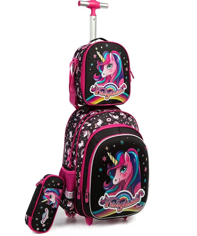 School Wheeled backpack for girls School Trolley Bag 3 PCs Rolling Backpack with Lunch Bag Pencil Case Roller Backpacks for girl