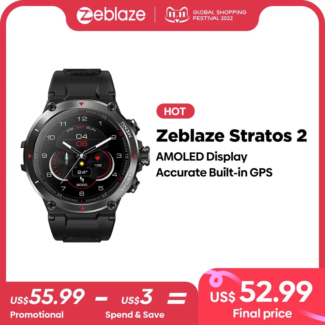 Cena [Nowy 2022] Zeblaze Stratos 2 GPS Inteligentny Zegarek Wyświetlacz AMOLED 24h Monitor Zdrowia 5 ATM Długi Na Baterie życie Smartwatch Dla Mężczyzn