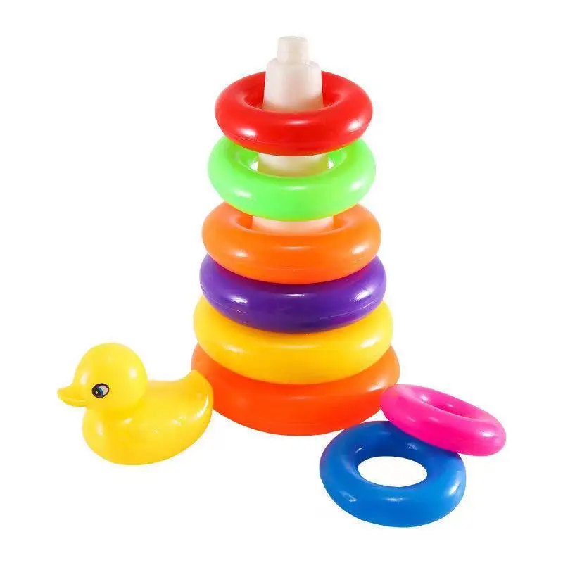 

Duck Silicone Educational Building Blocks Rainbow Stacking Ring Tower Squeeze Circle Toys For Infant Baby Toys Montessori Gifts