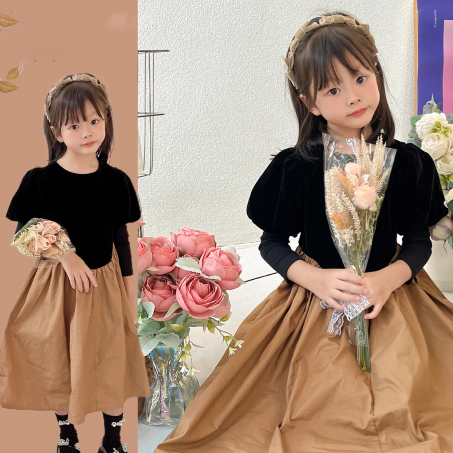 

Teen Girls Velvet Dresses Kids Long Sleeve Party Children Princess Clothes Contrast Color 2023 New Autumn Spring Dress Cute