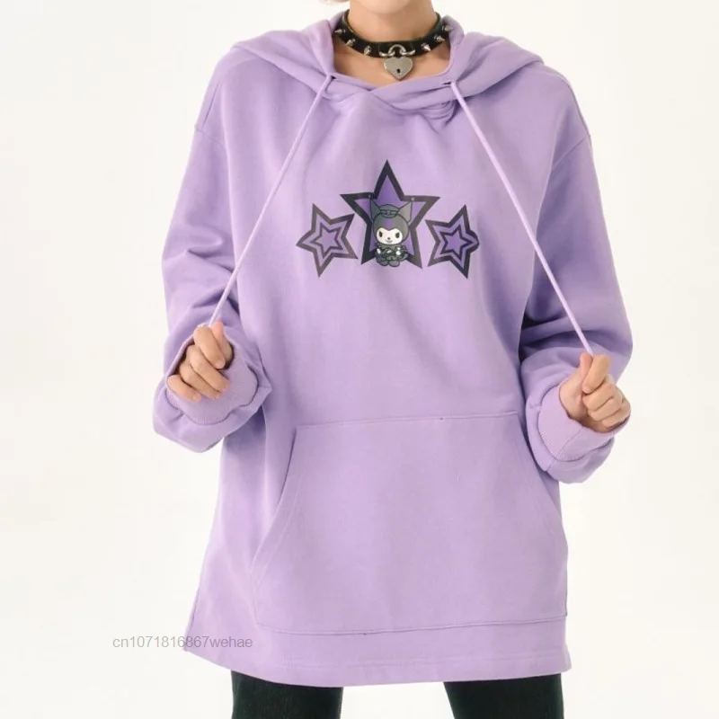 Фото Sanrio Kuromi Модные женские парные мужские пуловеры с капюшоном Hhodies мягкий Повседневный свободный принт плюшевое утепленное пальто для влюблен... №2