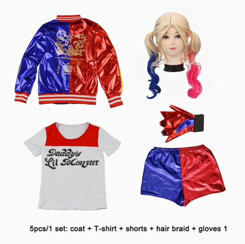 

Костюмы для косплея самоубийц, футболка отряда Квинна, монстра, пальто, куртка, брюки, браслет, пояс, ожерелье, перчатки, полный комплект аксе...