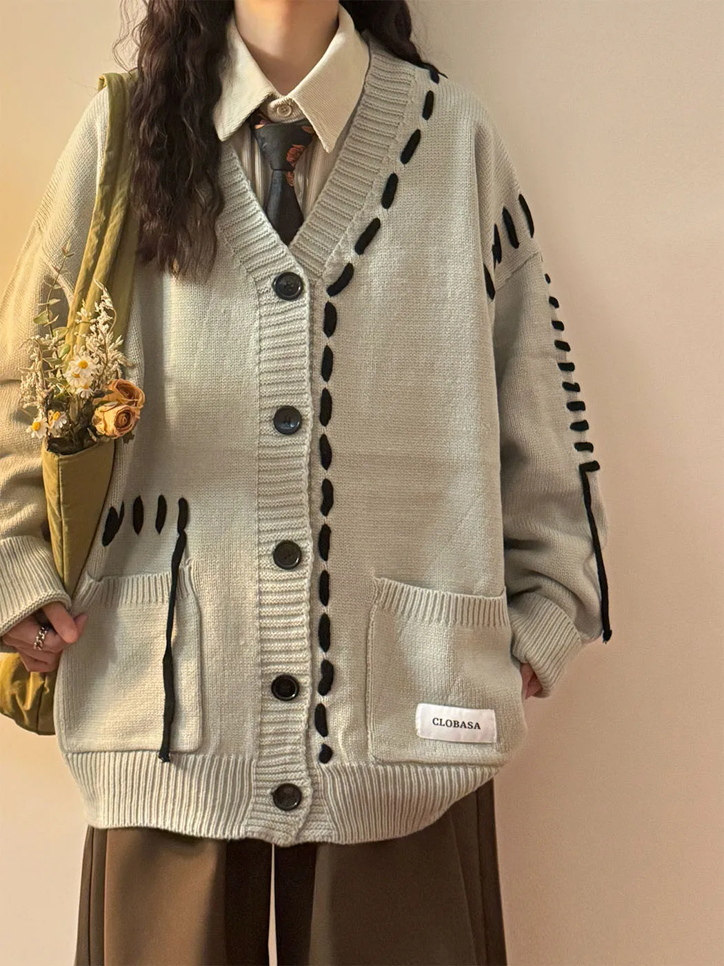 Ecok2024 Winter American vintage Loose Design Sense V-neck Knit cardigan Sweater Outerwear Men and Women Fashion