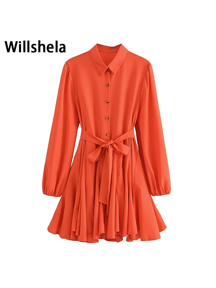 

Женское однобортное платье Willshela, винтажное однобортное мини-платье с отворотом, длинными рукавами и поясом