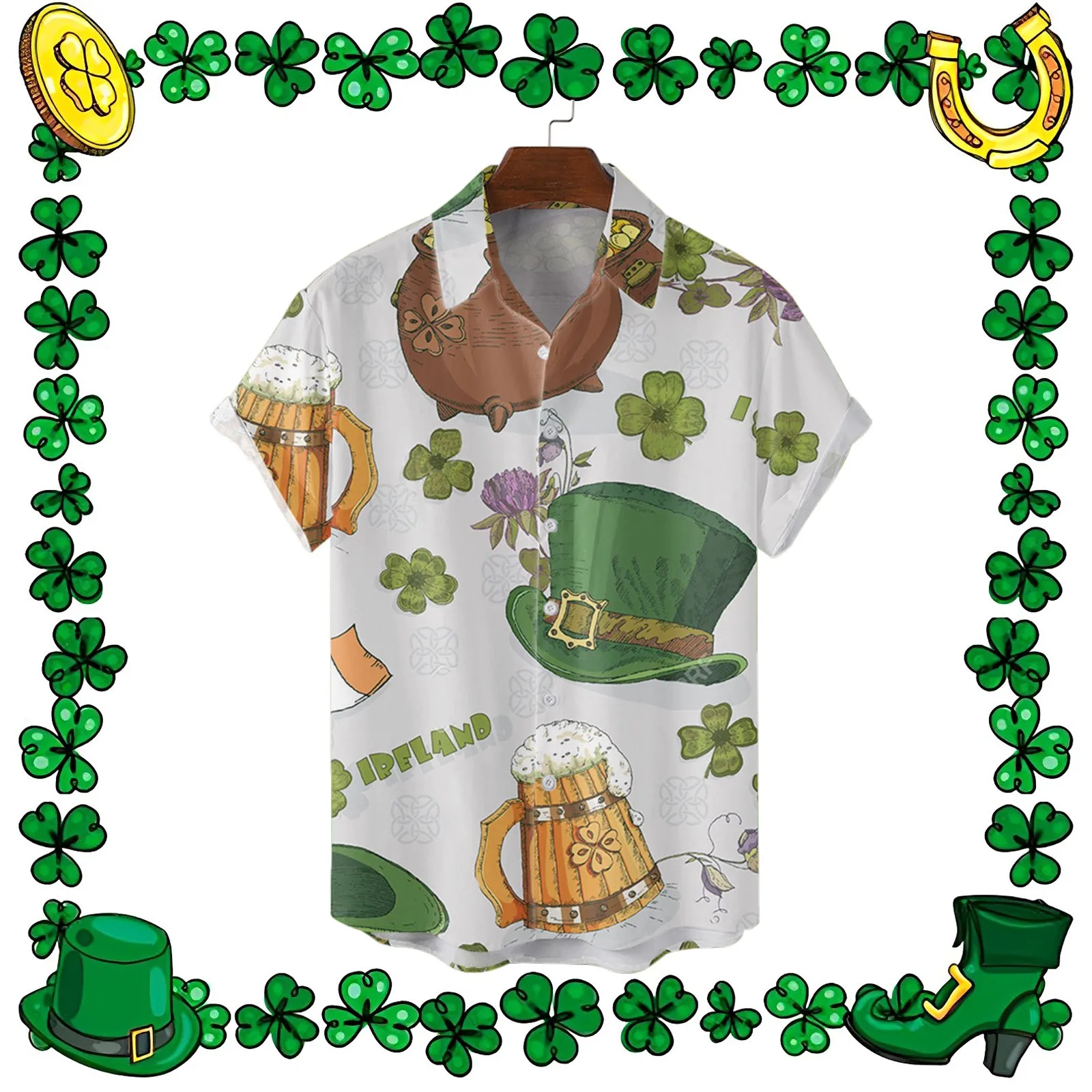 

St Patrick's Day Shirt Summer Single Breasted Shirts Casual Lapel Full Cartoon Print Beach Short Sleeve Outdoor Green Shirts