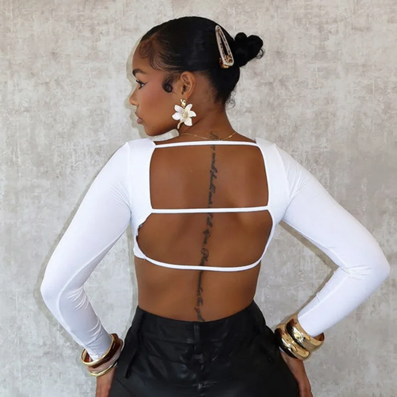 Сексуальные женские облегающие рубашки с вырезами на спине топы длинным рукавом