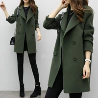 2020 womens autumn and winter coat korean version trendy simple slim leisure medium long double row button coat