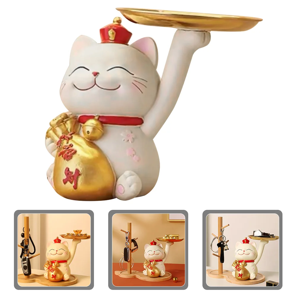 

Cat Statue Storage Plate Decorative Cat Statue Key Plate Resin Fortune Cat Statue Home Decor