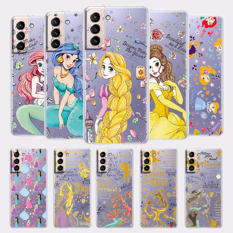 

Floral Disney Princess Phone Case for Samsung Galaxy S22 S21 S20 FE Ultra S10 S9 Plus Lite Transparent Silicone Shell Coque Capa