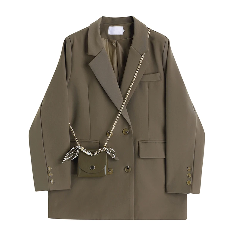 

Spring Vintage Women Blazer Coat Coffee Color Black Beige Casual Lapel Double-breasted Long Sleeve Suit Jacket Female Streetwear