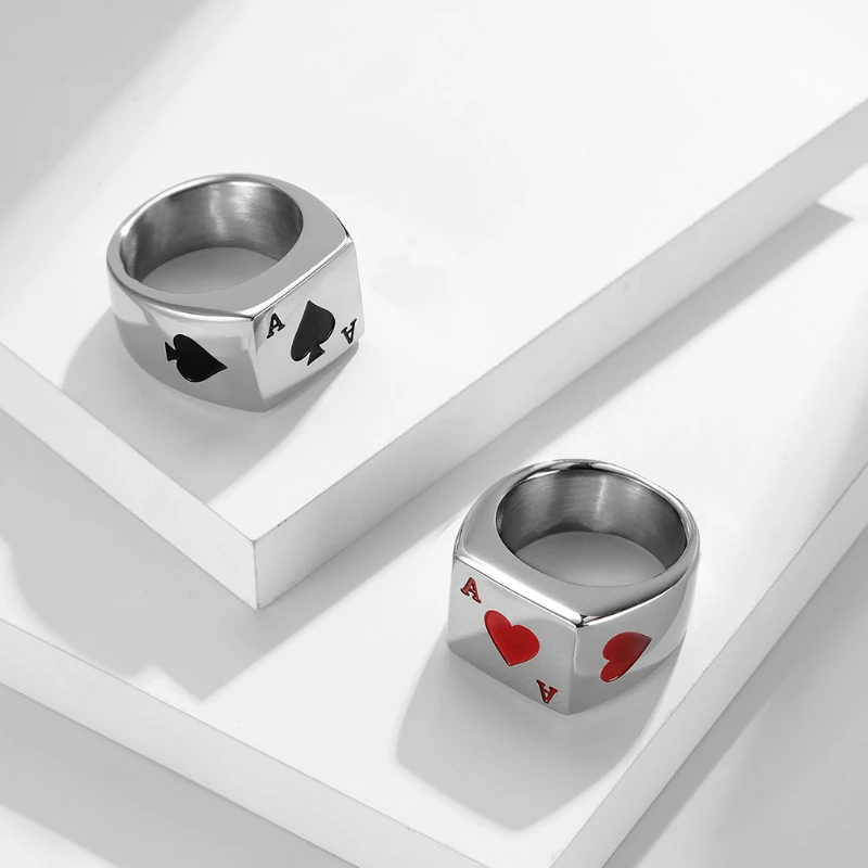 

Simple Punk Jewelry Supply Hearts A Spades A Titanium Steel Rings for men Lucky Poker Hand Jewelry Gift Gothic Accessories