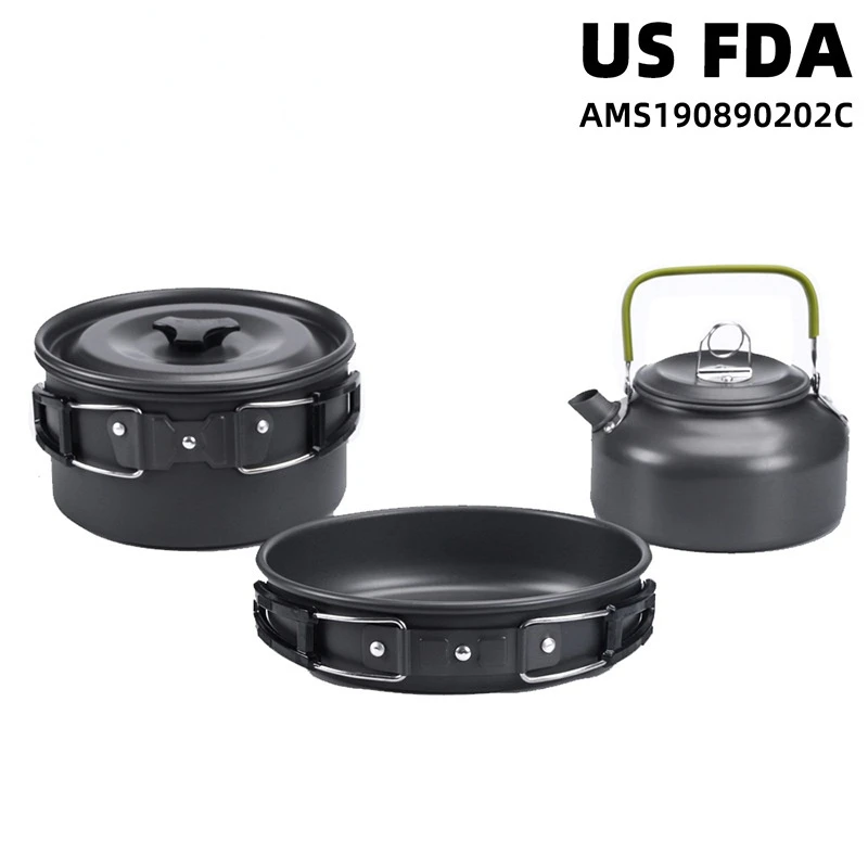 

Outdoor Supplies Picnic Teapot Set Pot 2-3 People Portable Camping Pot Teapot Frying Pan Three-piece Set