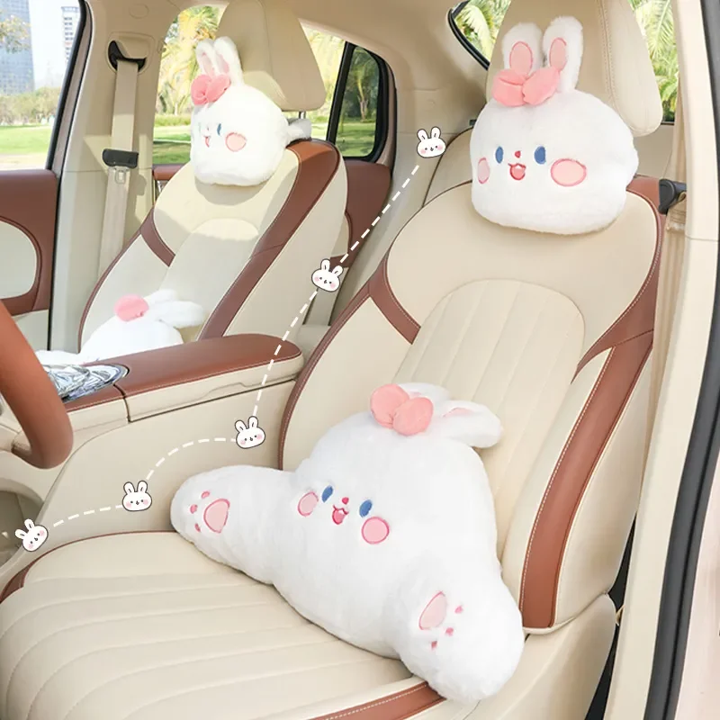 

2023 New Car Headrest Plush Cartoon Bow Rabbit Winter Lumbar Backrest Car Neck Pillow Car Interior Decoration Pink Car Accessory