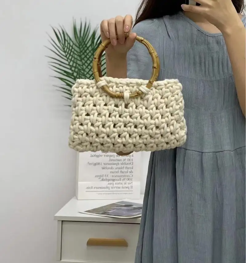 

Hand Cotton Knitting Handbags for Women Bamboo Ring Top-Handle Bags Bohemia Beach Bags Ladies Summer High Quality Underarm Bag