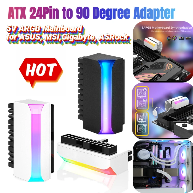 

Адаптер питания ATX с 24 контактами на 90 градусов, 5 В, 3-контактная основная плата ARGB, кабель источника питания для материнской платы, модульный...